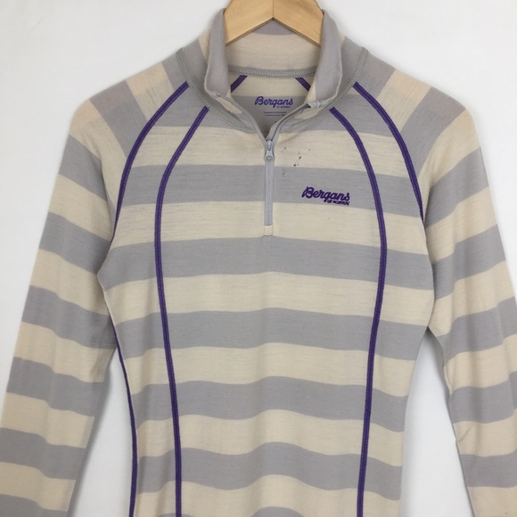 Wool Base Layer Quarter Zip Top Gray White Stripe Women’s S Bergans of Norway - Picture 2 of 12